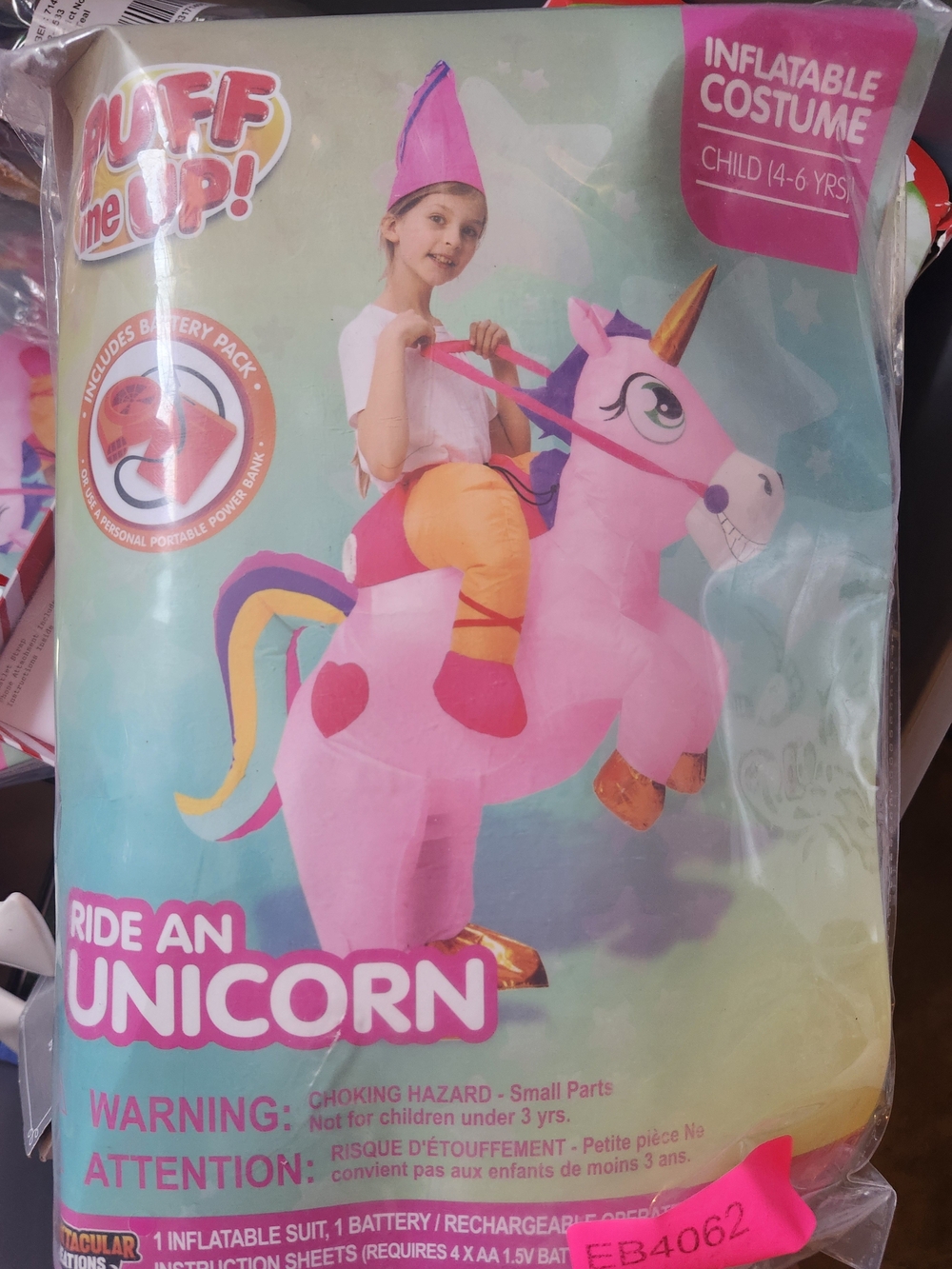 Ride an Inflatable Pink Unicorn Costume 4-6 Yrs. NEW